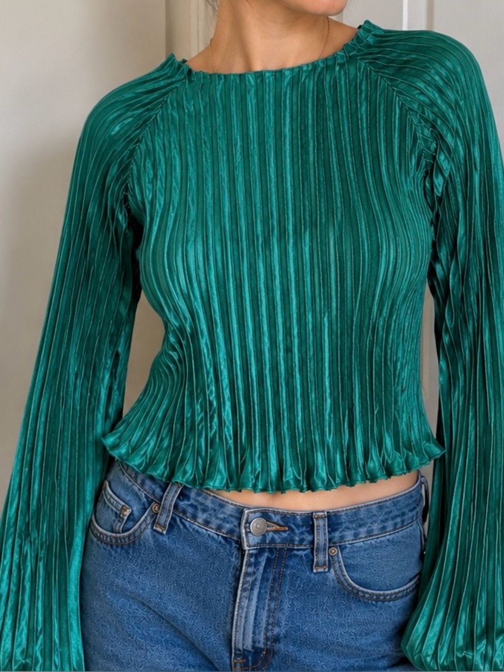 Ciebon Emerald Green Pleated Blouse Balloon Sleeve Satin Top Small